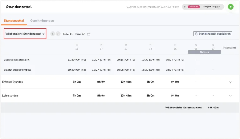 Weekly timesheet as member 