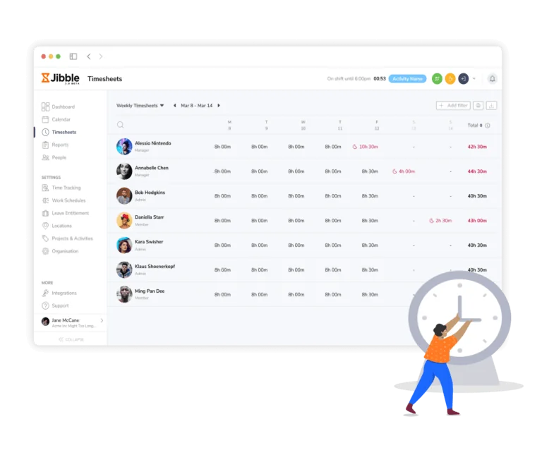 Timesheet dettagliati del team pronti per la fatturazione.