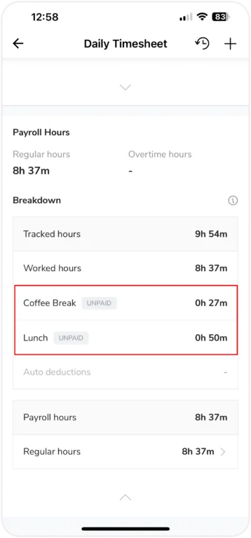 Breakdown of total break hours on mobile