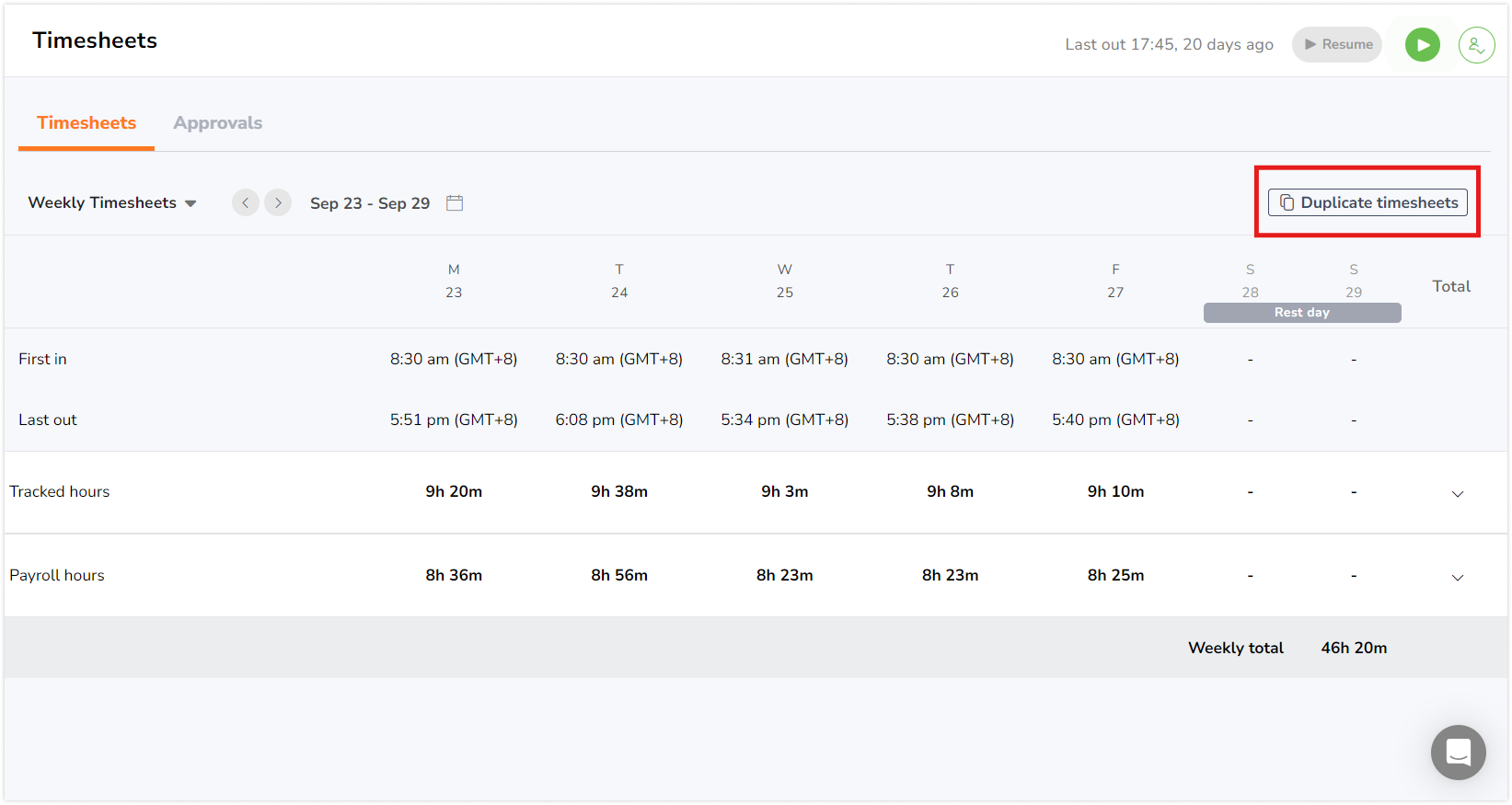 Duplicate timesheet button on Timesheet page for member