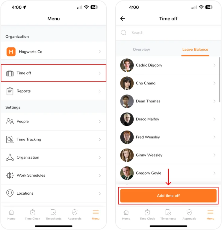 Adding time off for a member on mobile