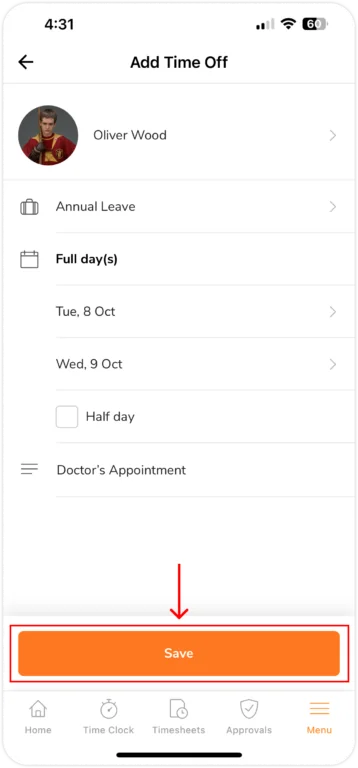 Adding time off for a member on mobile