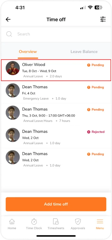 Added time off in overview tab on mobile
