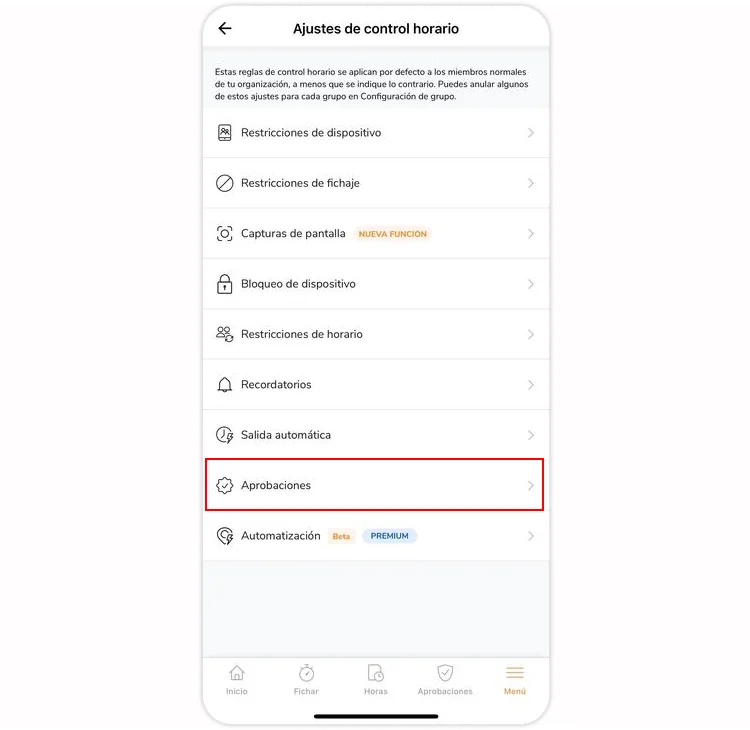 Approvals under time tracking settings on mobile app