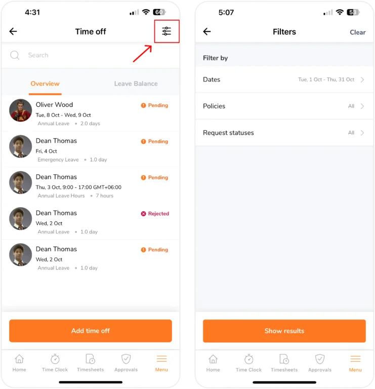 Filtering time off requests on mobile