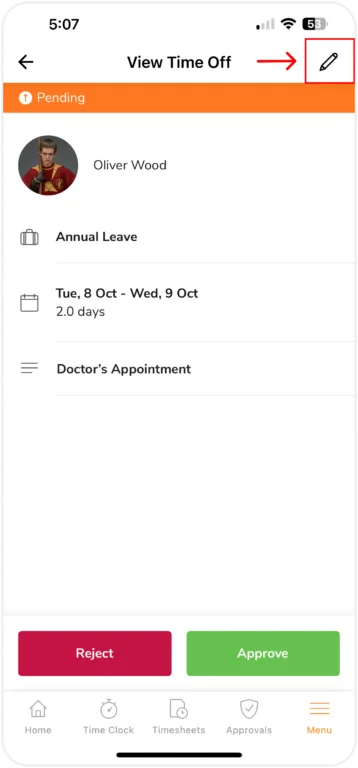 Editing pending time off request on mobile