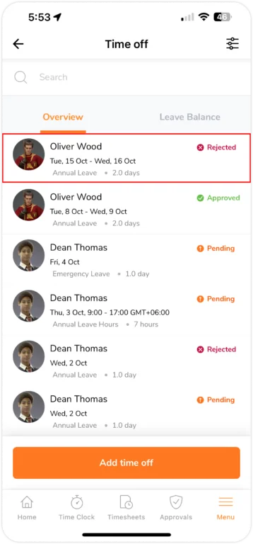 Rejected time off request in overview tab on mobile