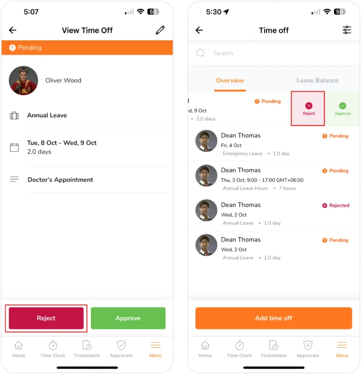 Reject time off requests on mobile