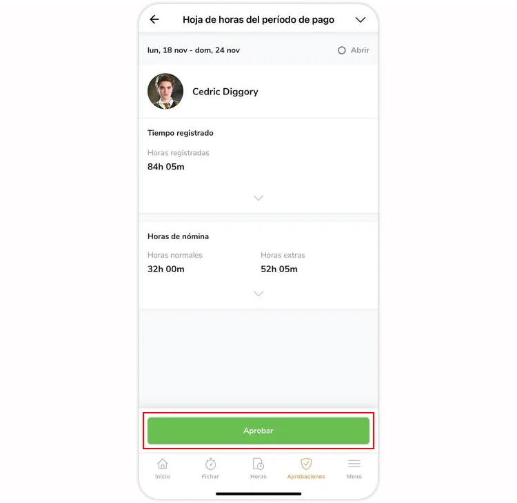 Approve button on pay period that is open on mobile app