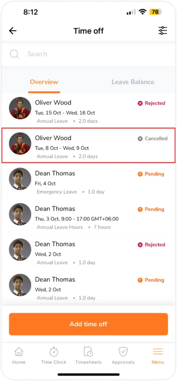 Cancelled time off request in overview tab on mobile