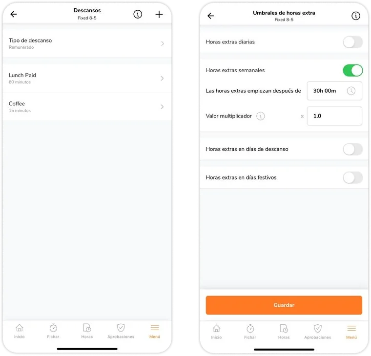 Customizing breaks and overtime tresholds on mobile app