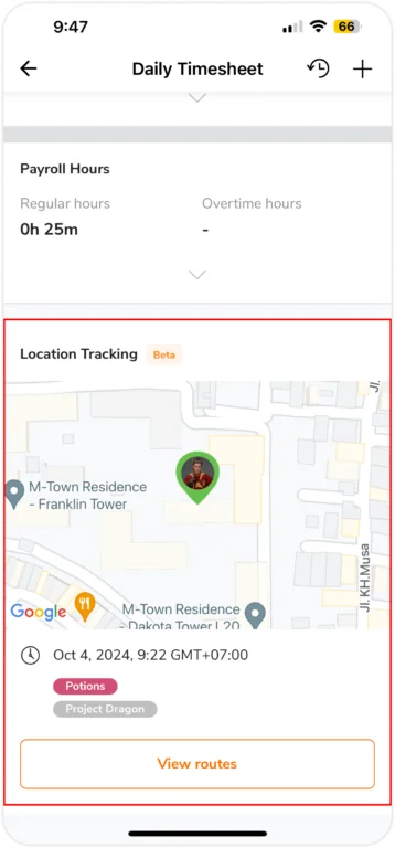 Location tracking in timesheets on mobile