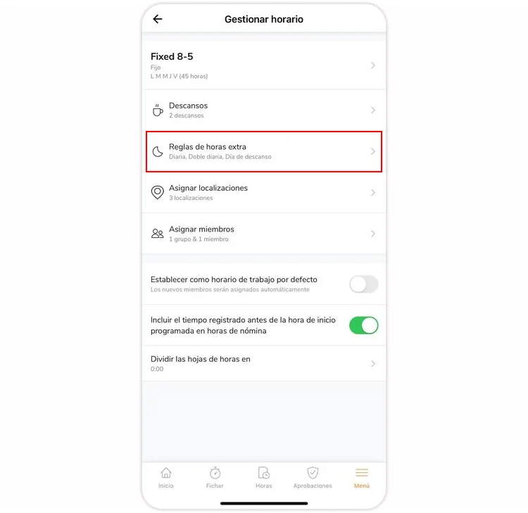 Overtime rules settings on mobile app