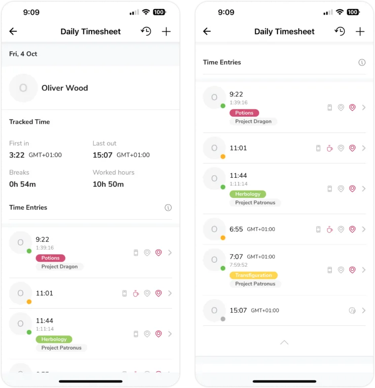 Activities in timesheets on mobile