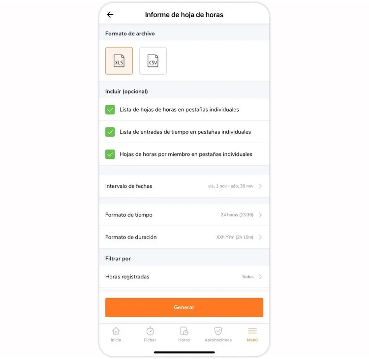 Customizing timesheet report before exporting on mobile app