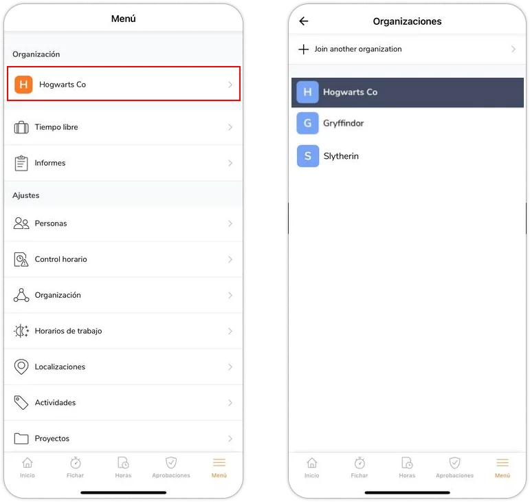 Switching organizations via mobile app