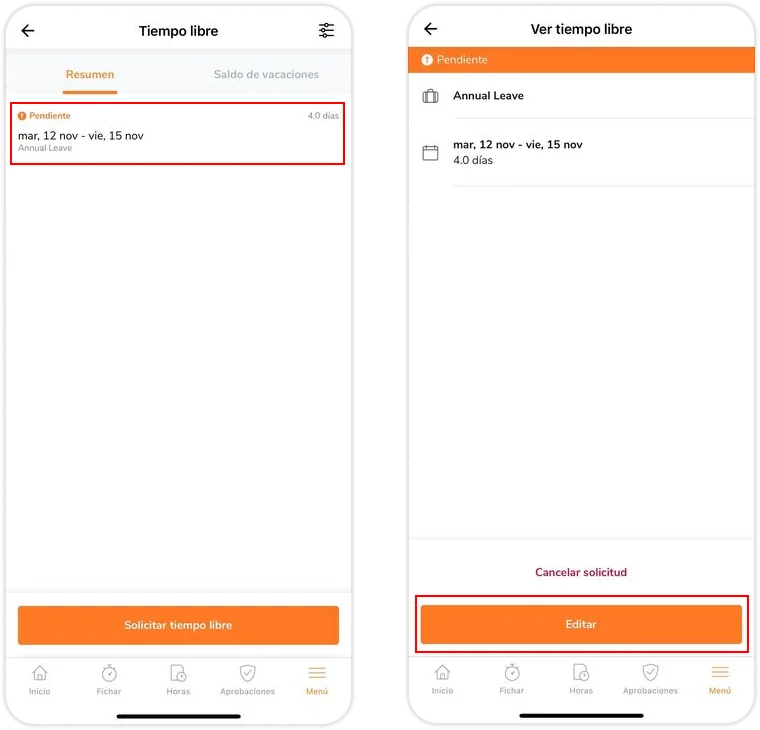 Editing time off that is in pending status on mobile app