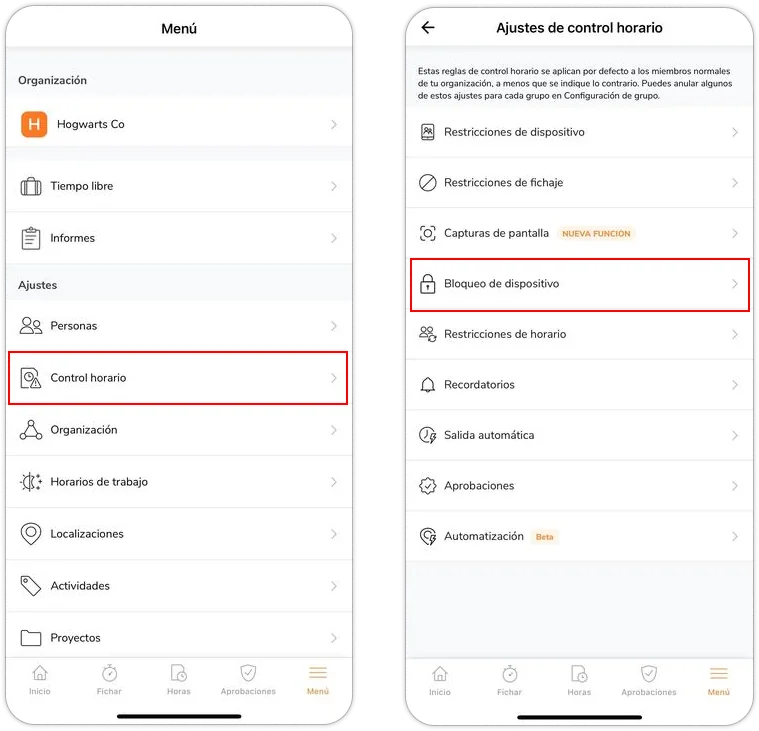 Time tracking settings and device lock settings on mobile app