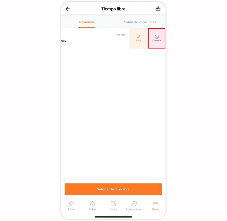 Swiping left to cancel time off request on mobile app