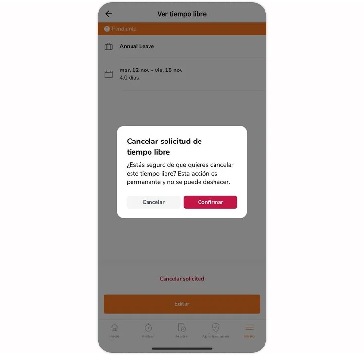 Confirmation to cancel time off request on mobile app
