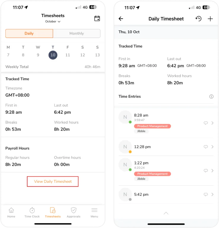 Daily personal timesheet view on mobile
