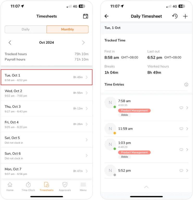 Monthly personal timesheet view on mobile