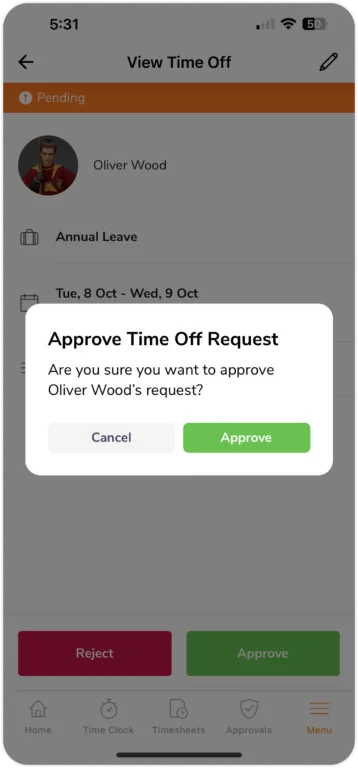 Confirmation prompt to approve time off on mobile