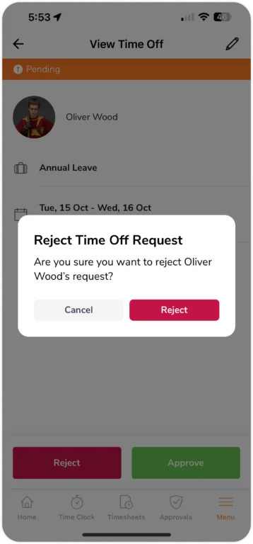 Confirmation prompt to reject time off on mobile