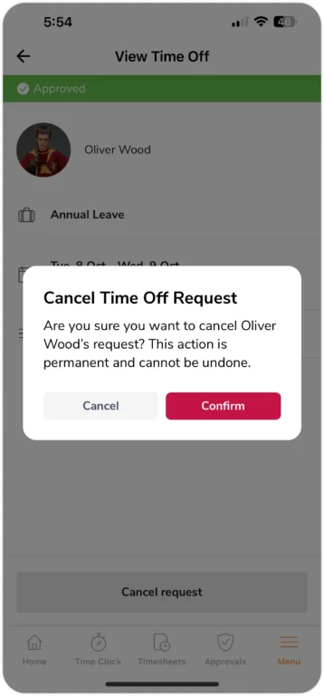 Confirmation prompt to cancel time off on mobile