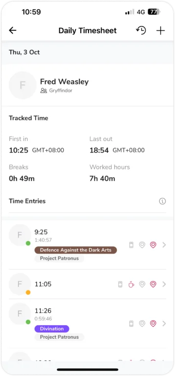 Detailed timesheet view on mobile