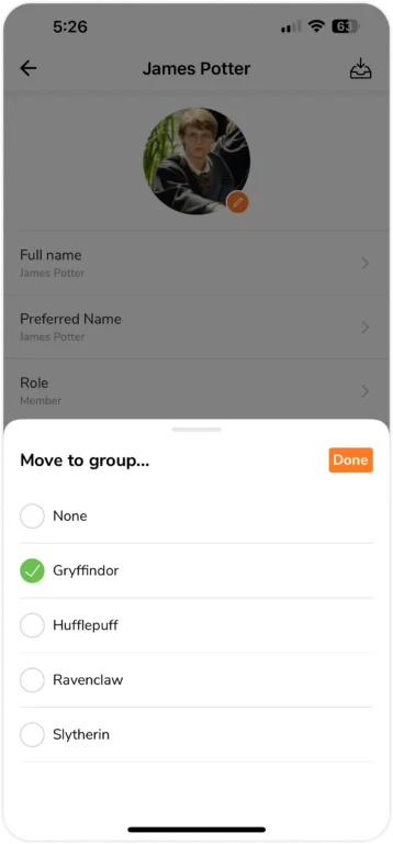 Selecting group to move member to via profile on mobile