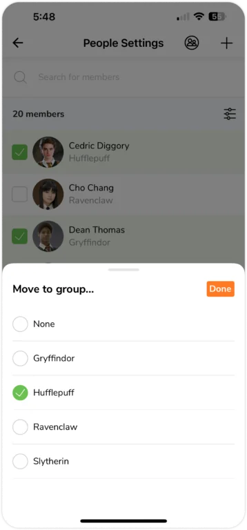 Move members to another selected group on mobile