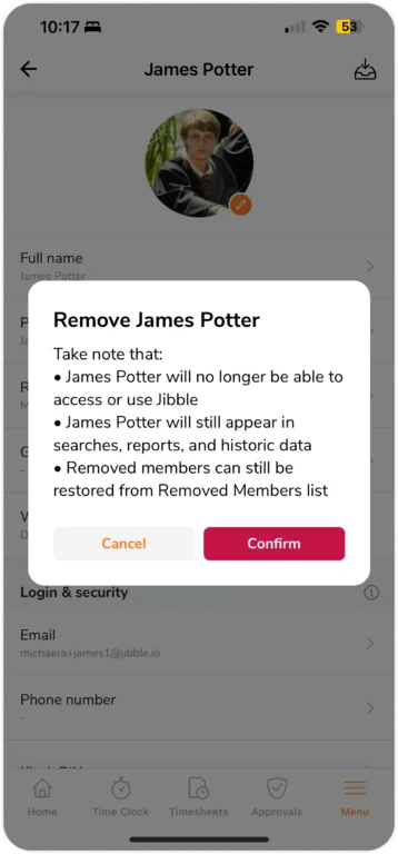 Archive confirmation prompt in member's profile on mobile