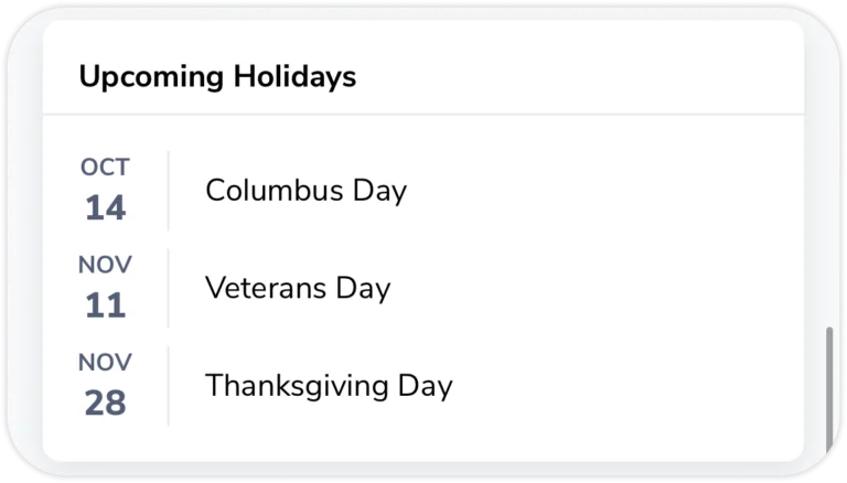 Upcoming holidays widget on mobile