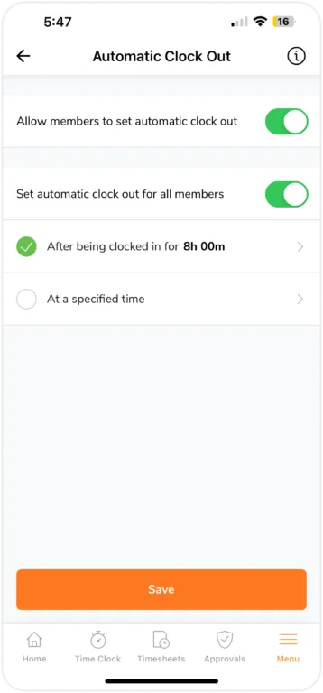 Automatic clock out settings on mobile