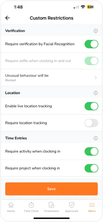 Setting up custom time clock restrictions on mobile