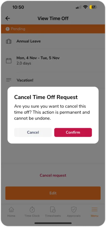 prompt to cancel time off on mobile