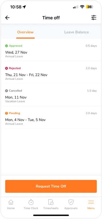 time off statuses on mobile