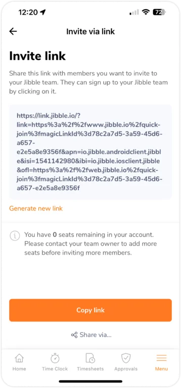 Generating invitation link on mobile