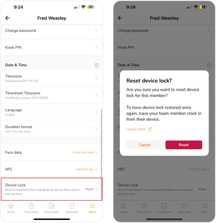 Resetting device lock for a team member on mobile