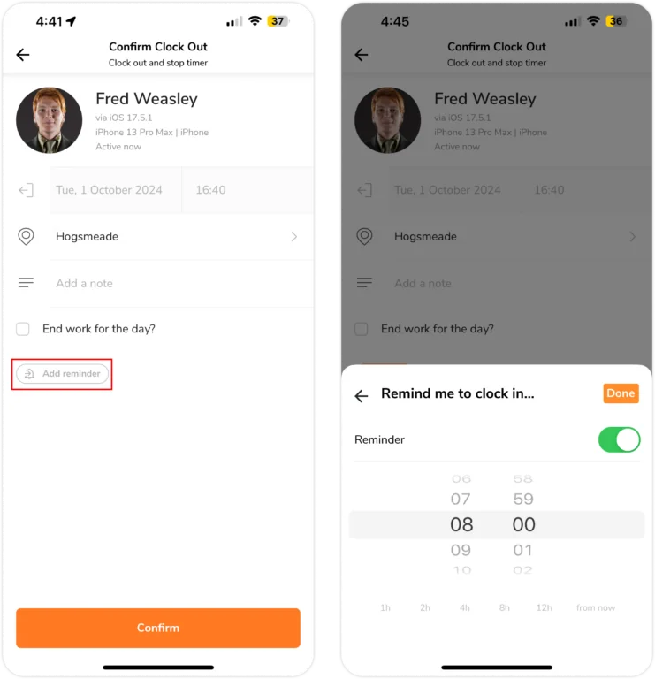 Set reminder to clock in on Mobile