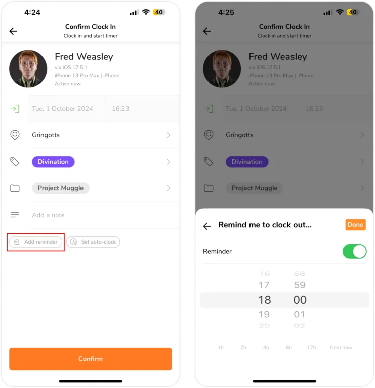Setting reminder to clock out on Mobile