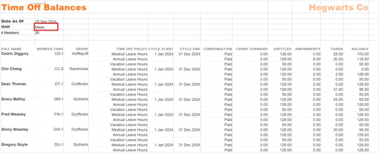 Time off balance export (hours)