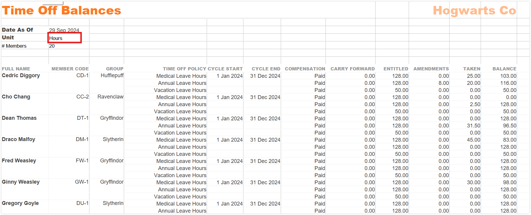 Time off balance export (hours)