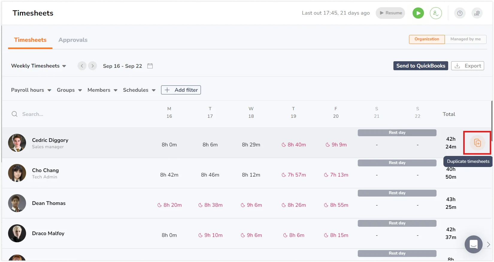 Duplicate timesheet button on Timesheet page