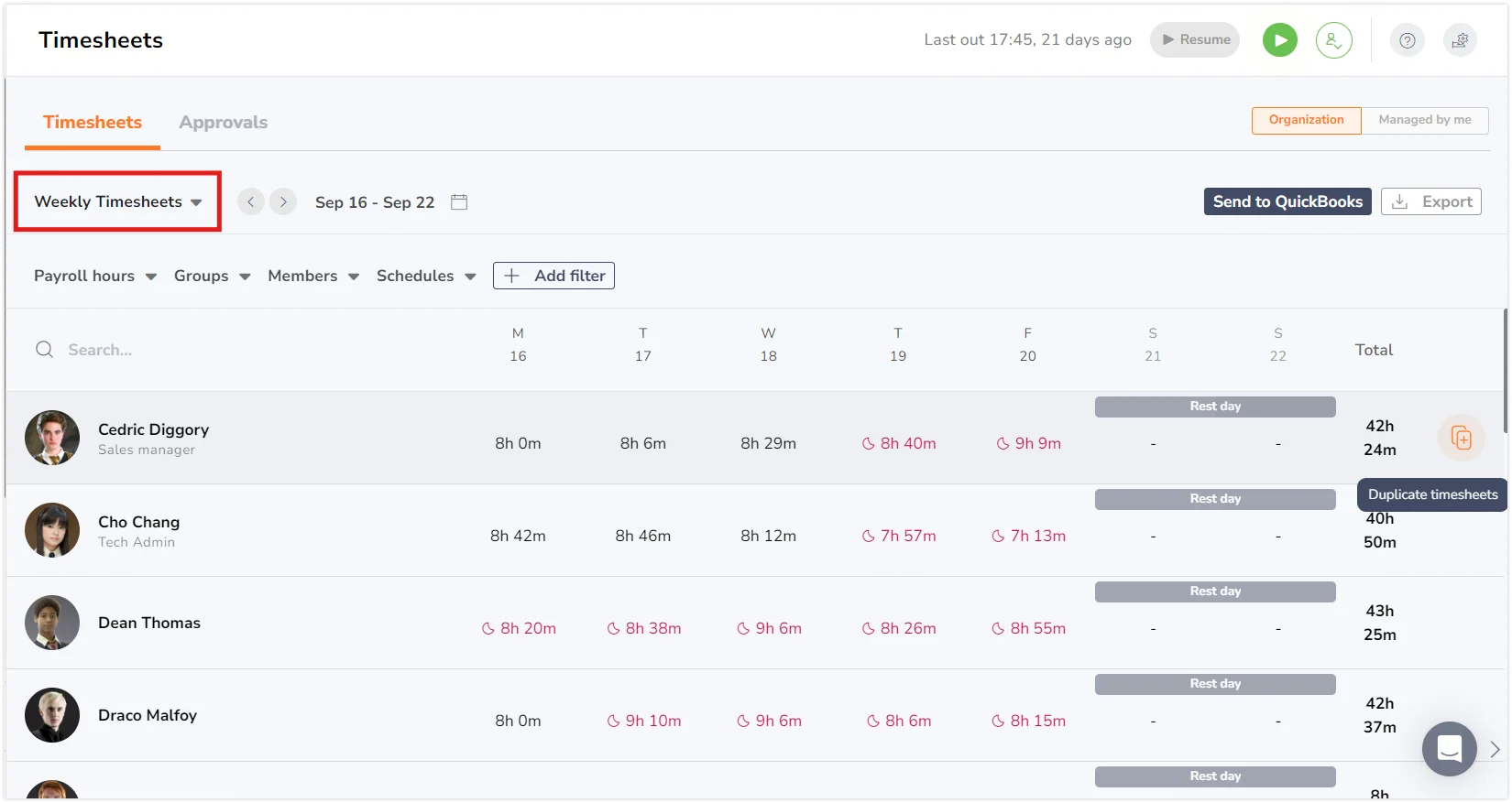 Weekly view on Timesheet page for member