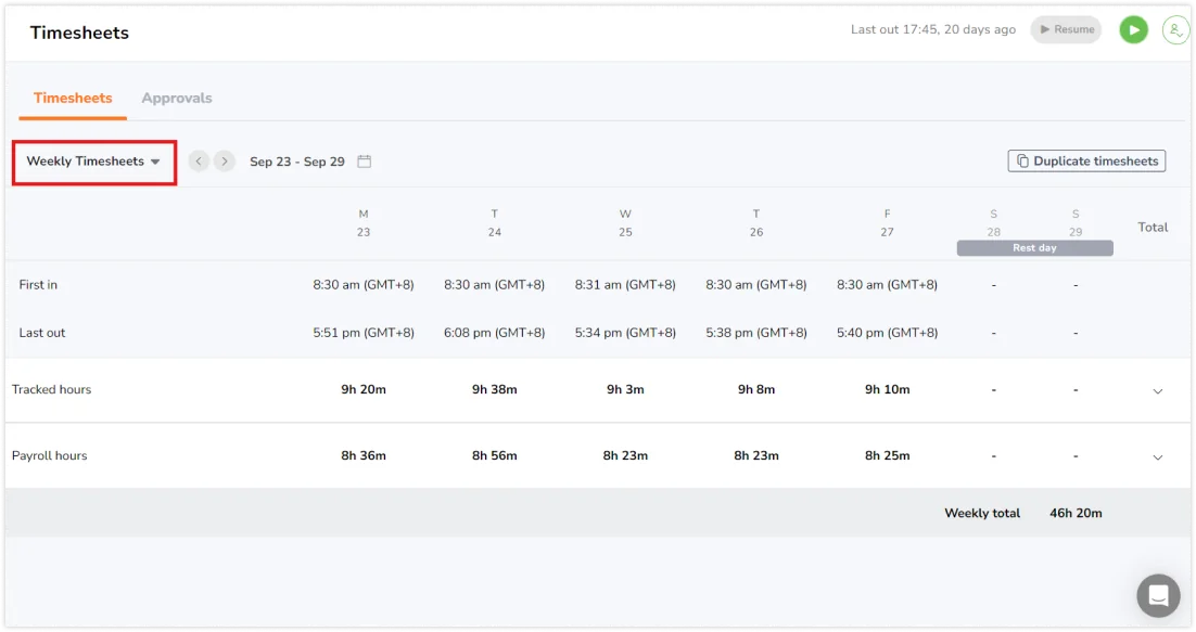 Weekly view on Timesheet page for member