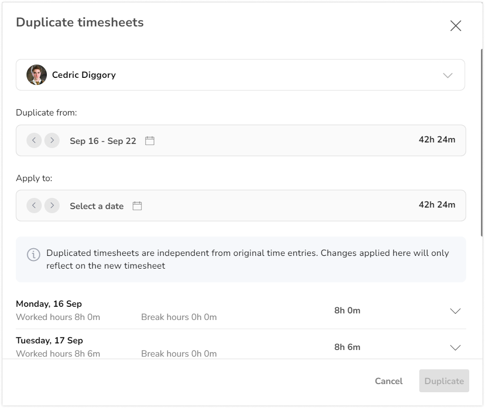 Duplicate timesheet pop-up window