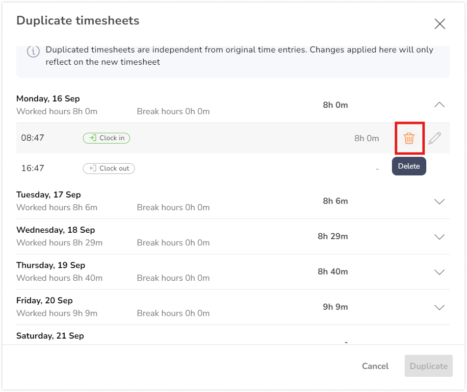 Trash icon on duplicate timesheet pop-up window