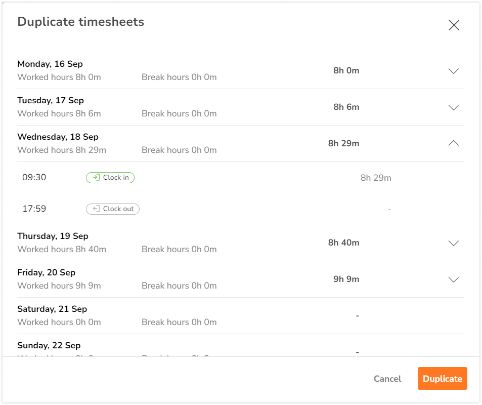 Time entries on duplicating timesheets pop-up window